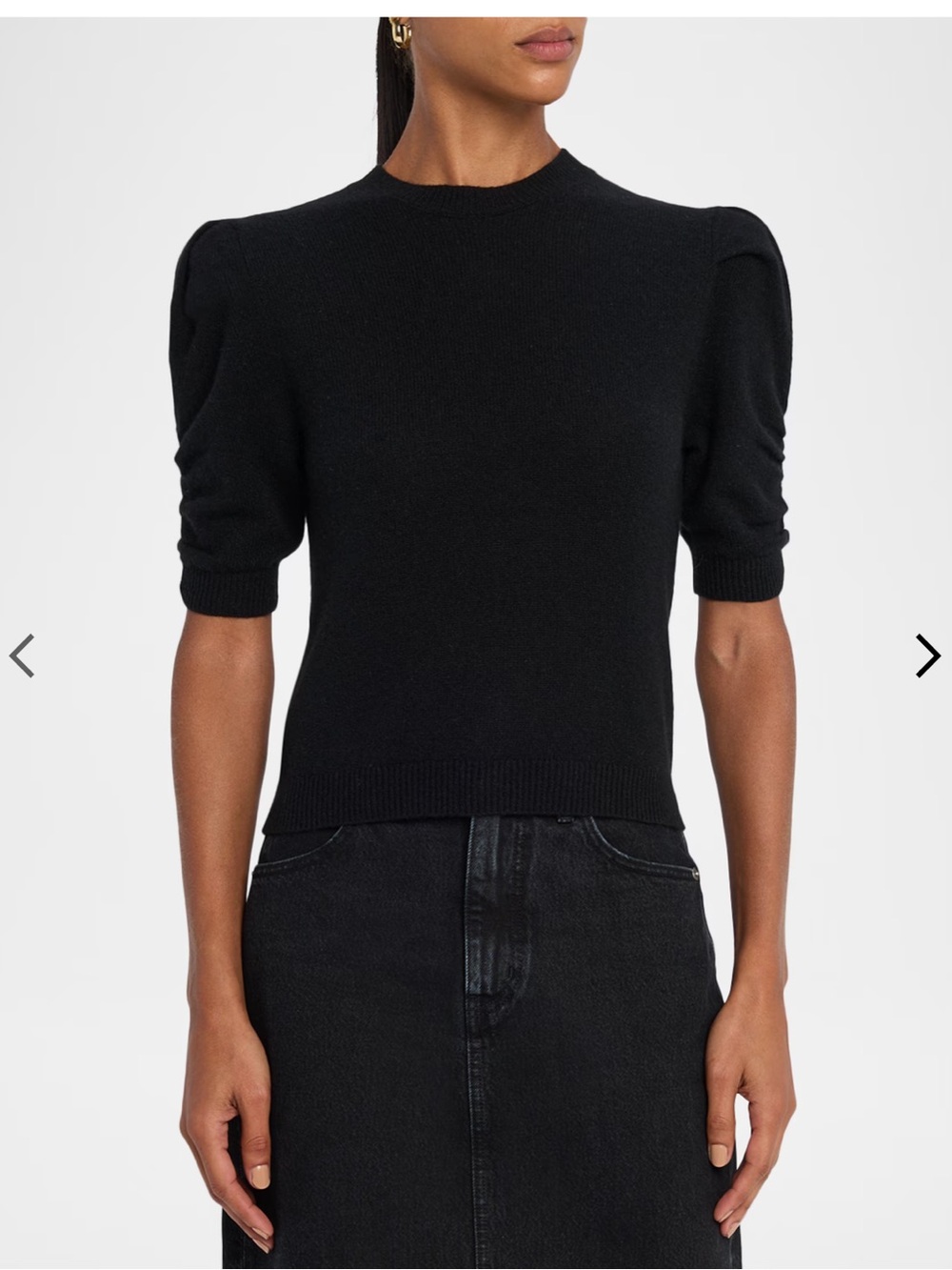 Frame Denim Black Puff-Sleeve Cashmere Crewneck Sweater Black Small